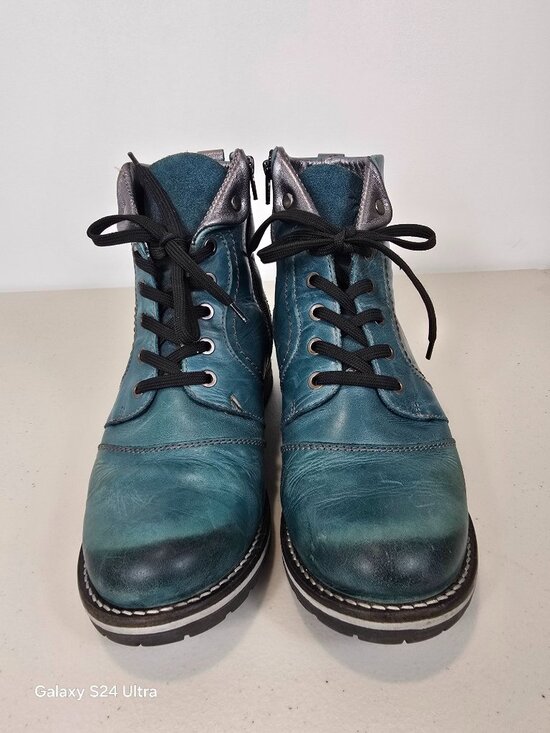 Kara Scrunched Leather & Printed Suede Boot– Dromedaris Footwear Dromedaris leather boots in a teal color women\'s size 10